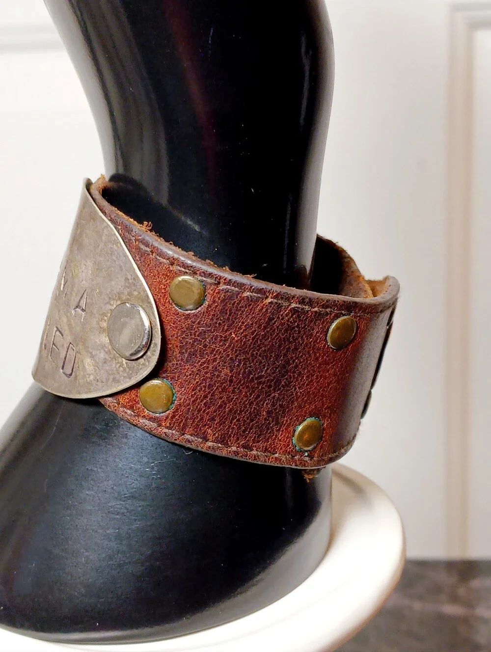Handcrafted Brown Leather Cuff Bracelet with Brass Plate 